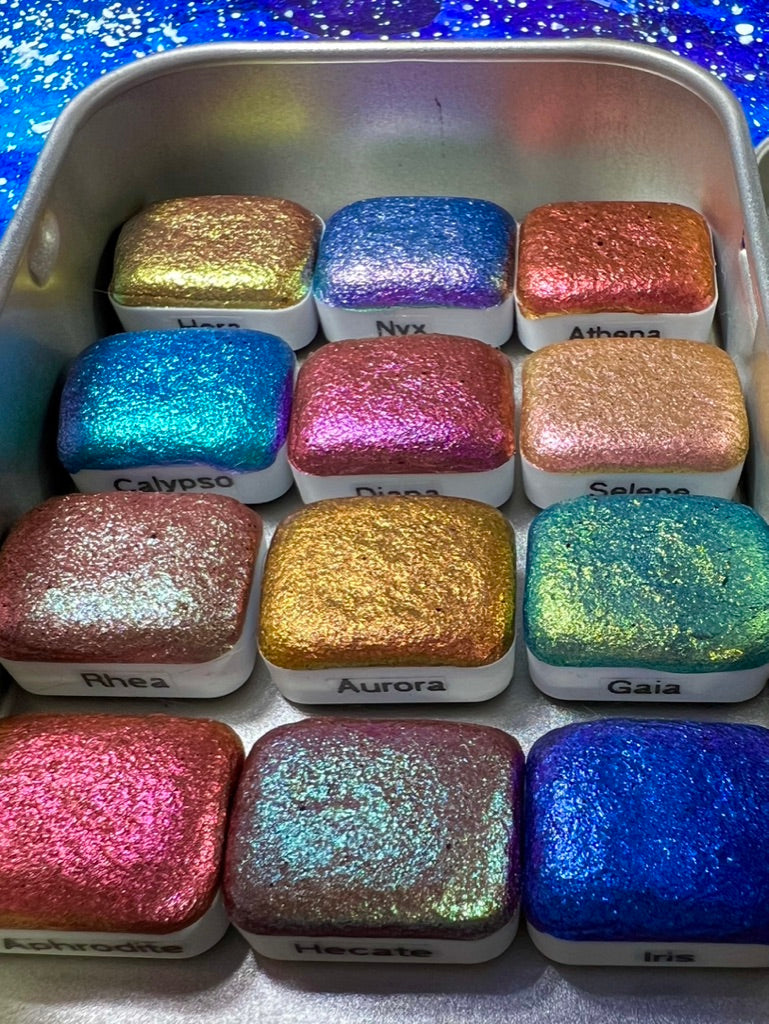 GODDESS Colorshift Shimmer Handmade Watercolors set of 12 sparkle glittery color shifting hypnotic watercolor paints