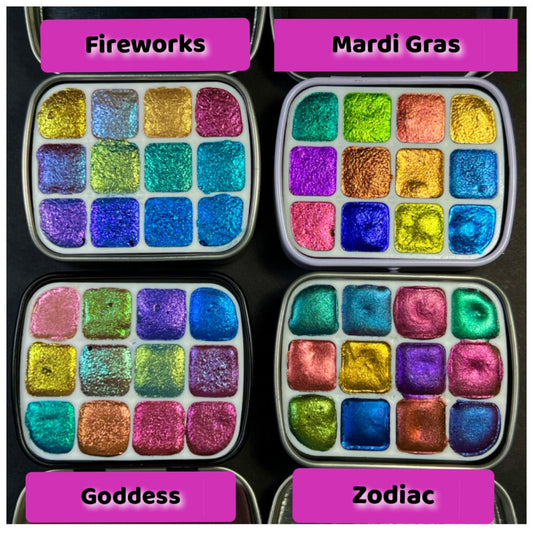 Handmade ColorShift Watercolor Paint Travel sets of colorshifting best sellers in a 12 well palette and travel tin