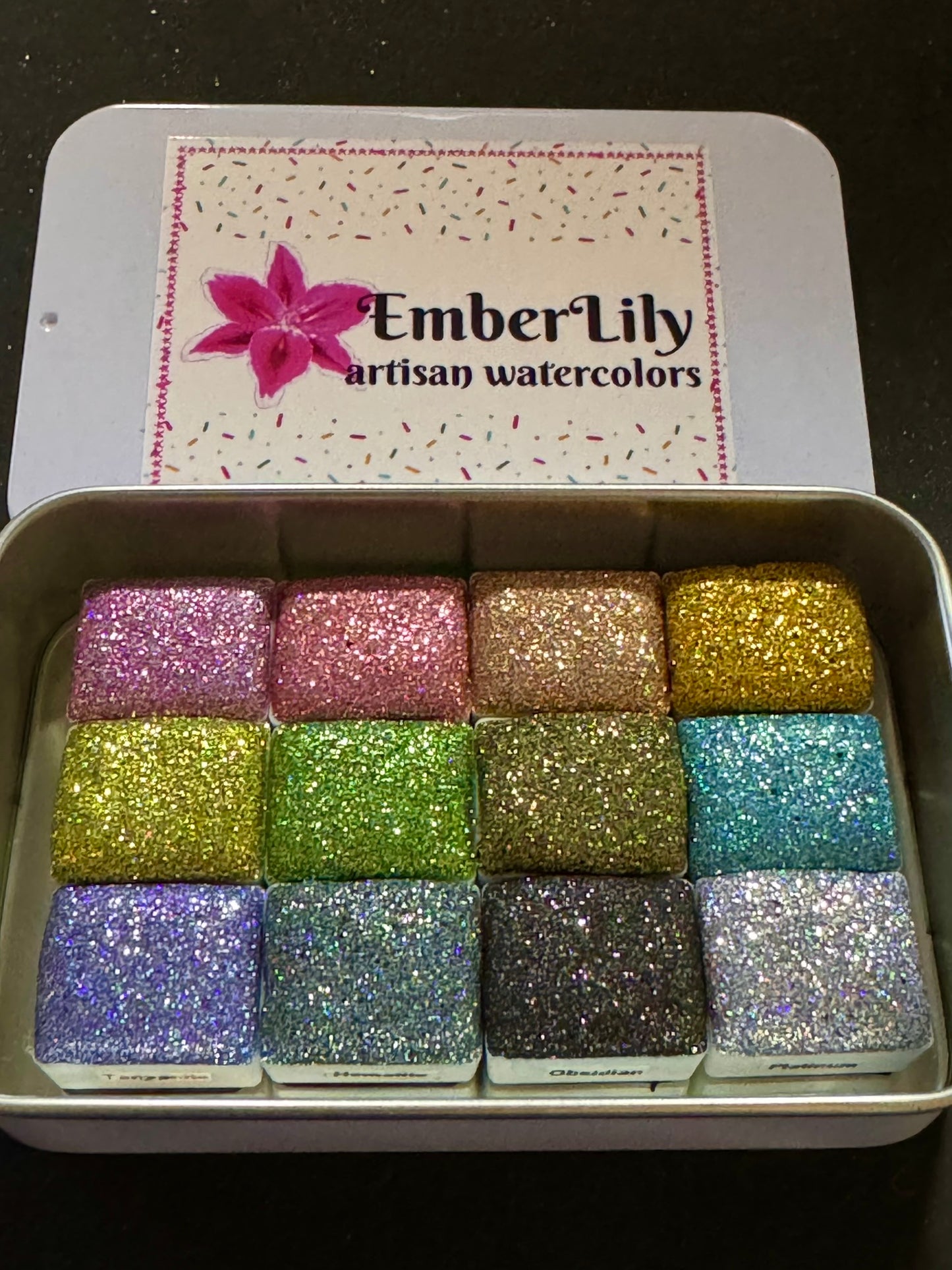 Gems series of holographic micro flake WATERCOLORS in Vivid Intense Colors that shift in intensity and colors with light!