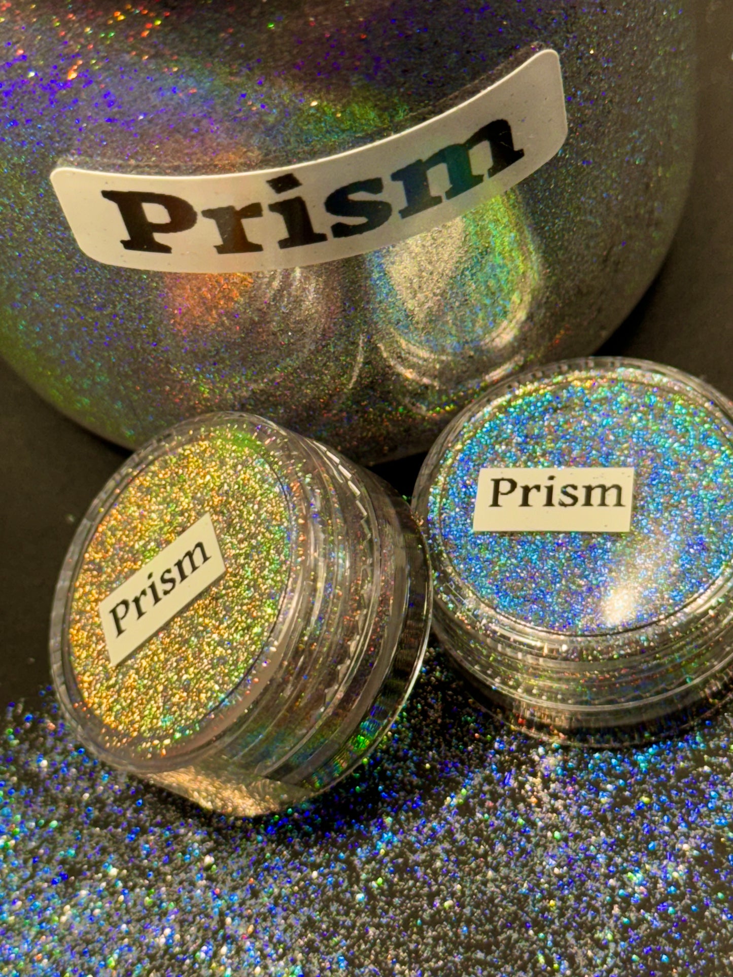 Prism PIGMENT is a Kaleidoscopic Explosion of Extreme Holographic ultramicro-flake powder with an Intense Metallic Shimmer and Sparkle