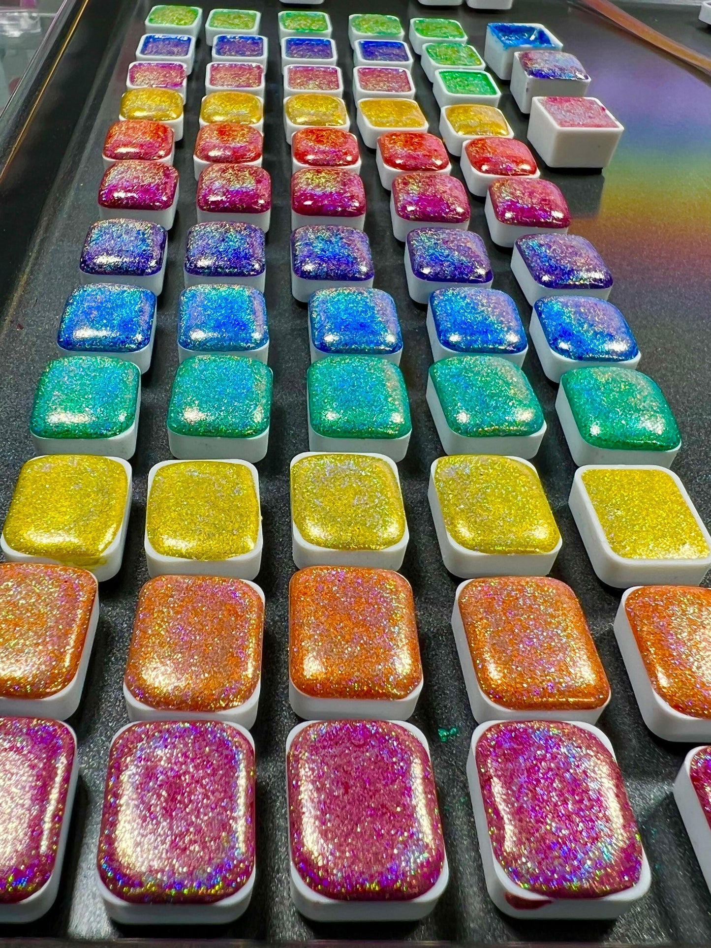 Holographic Double Rainbow Set of 12 Handmade Artisan Watercolor Paint Holo Shimmer Sparkly