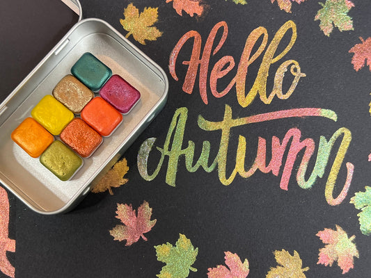 Autumn Watercolor Paint Set Hello Autumn Fall Colors set of 8 shimmer and sparkle