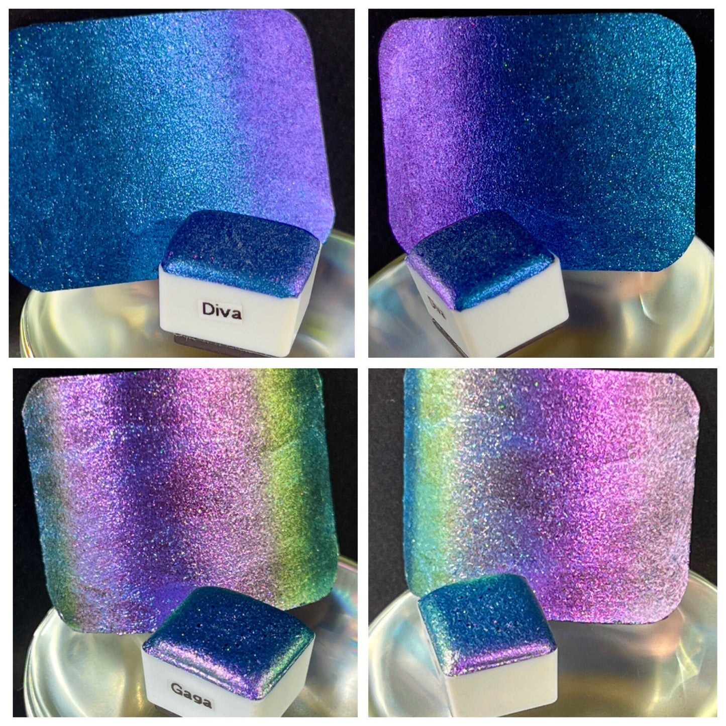 Divas series of 8 Colorshift and Holographic Mixed Shimmer sparkle glittery color shifting watercolor paints hypnotic