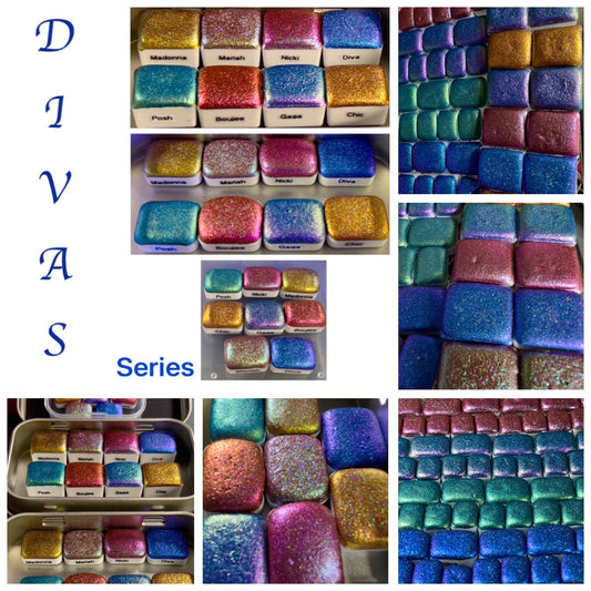 Divas series of 8 Colorshift and Holographic Mixed Shimmer sparkle glittery color shifting watercolor paints hypnotic