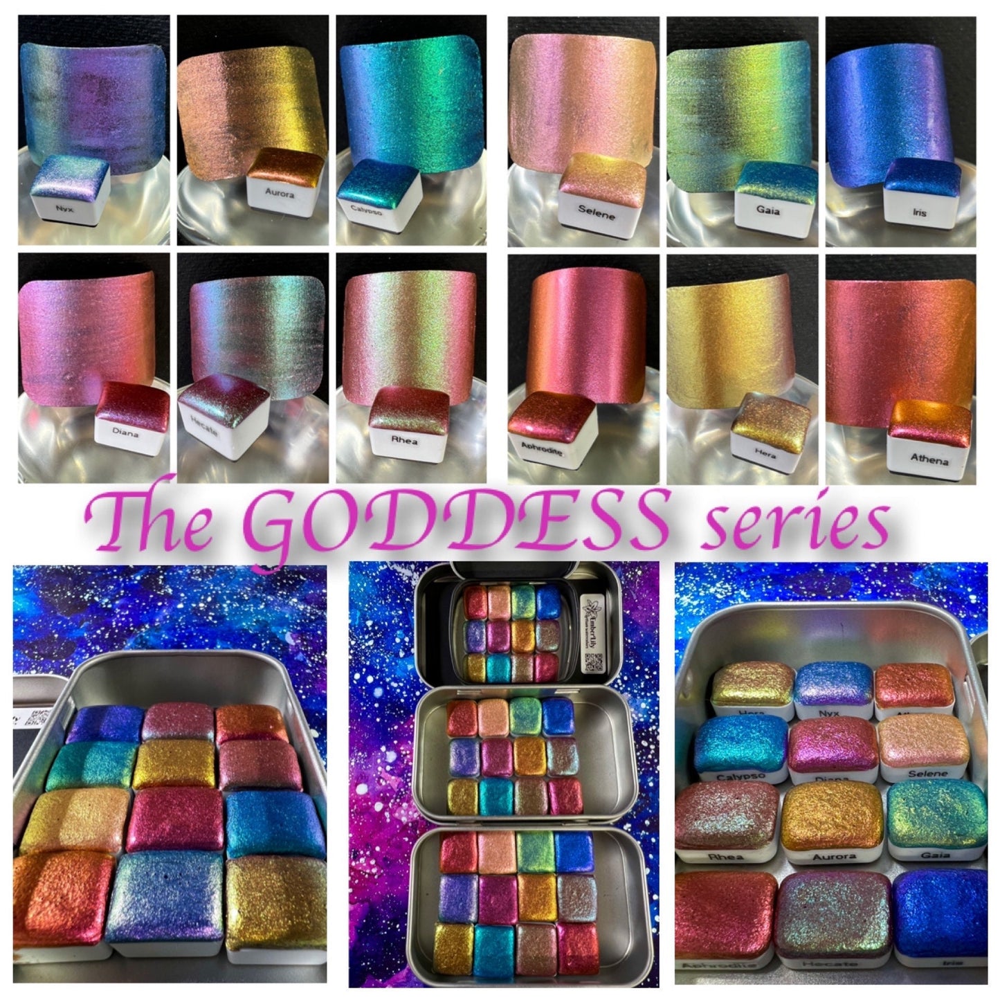 GODDESS Colorshift Shimmer Handmade Watercolors set of 12 sparkle glittery color shifting hypnotic watercolor paints