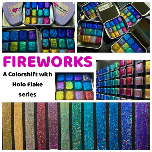 FIREWORKS series of 12 Colorshift and Holographic flake Handmade Watercolors sparkle glittery color shifting hypnotic watercolor paints