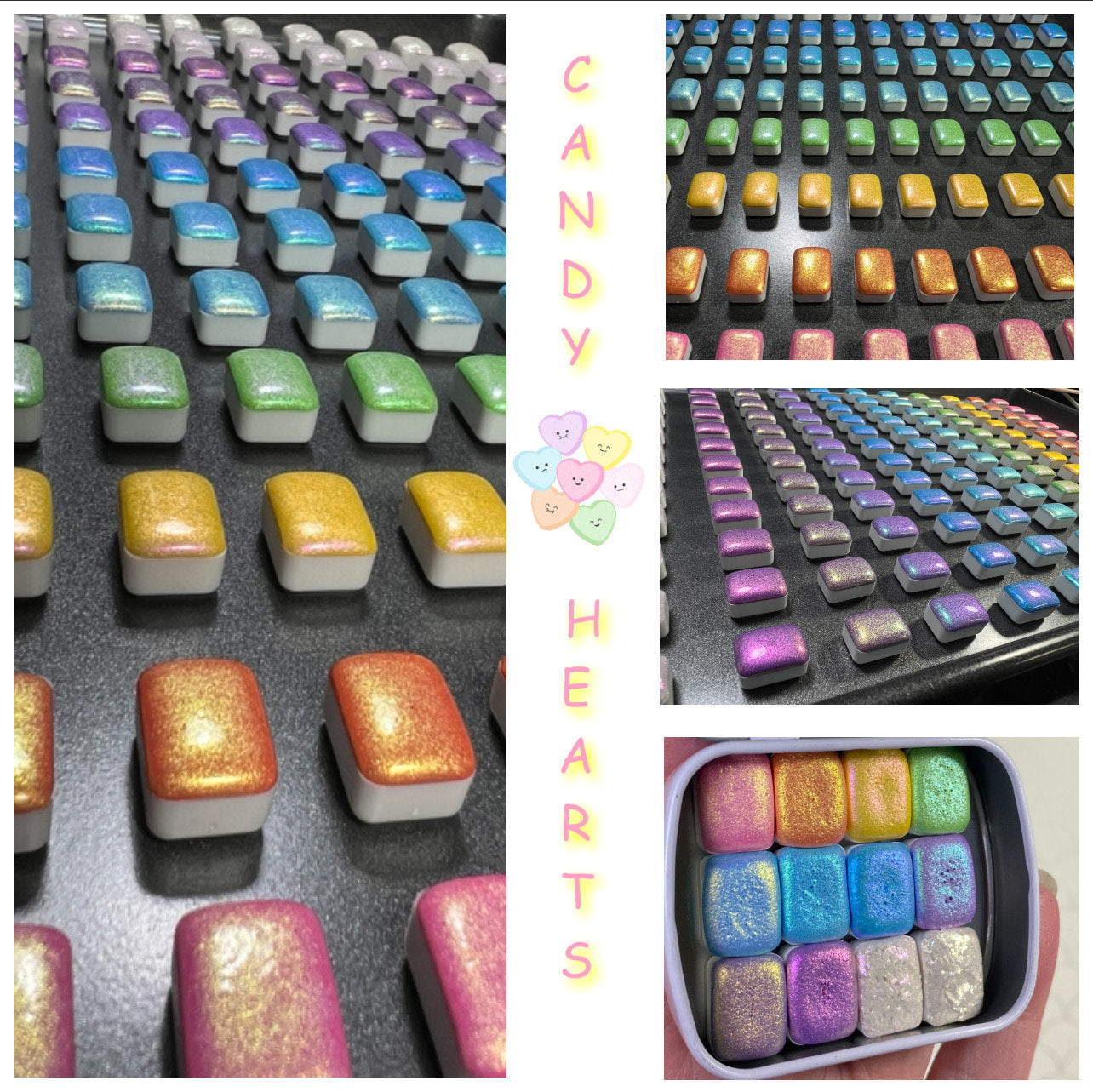 Candy Hearts PASTEL Colorshift Handmade Watercolor paints set of 12 metallic shimmer sparkle hypnotic glittery color shifting paints